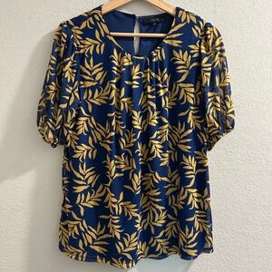 Eclair Women's Blue & Gold Leaf Print Sheer Sleeve Blouse Top Size M